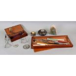 A set of vintage steel beam scales with glass pans in mahogany case,