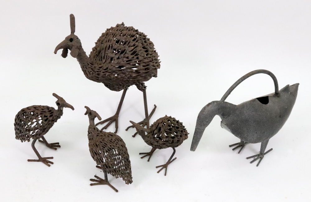 A set of three wrought metal figures of birds, 20th century, and another,