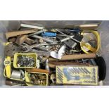 A large collection of spanners, screw drivers, socket set, hand drill and other general tools (qty).