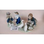 A Lladro group modelled as a young woman kneeling down with two ducks,