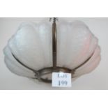 An Art Deco relief moulded frosted glass and bronzed metal ceiling light,