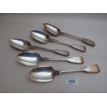 A set of five Victorian silver fiddle thread tablespoons London 1853 and 1854, 17.