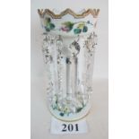 Victorian enamel painted opaque glass table lustre, with prism drops,
