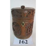 A fine Chinese carved bamboo pot with hinged lid, brass escutcheon,