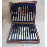 A set of twelve silver and mother of pearl fruit knives and forks boxed (one replacement fork) est: