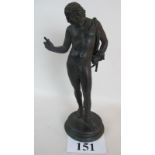 A 19th century bronze statue of Narcissus, nut-brown patination, 33 cm high.