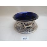 An Irish silver ring dish with blue liner decorated with animals, trees & buildings, John Smith,