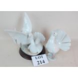 A Lladro group of two doves, wooden plinth base,