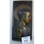 A good decorative bronze wall plaque, c1880/1920, cast in bold relief with an angelic youth,