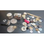 An assortment of buttons, a miniature mother of pearl casket, three commemorative crowns,