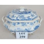 A Victorian blue and white transfer printed tureen and cover in the 'Chinese Marine' pattern,