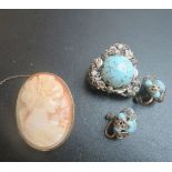 A cameo brooch and a vintage turquoise brooch and earrings est: £20-£40