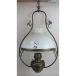 A large hanging brass oil lamp with opaque glass shade est: £20-£40 (J)
