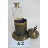 A perfume bottle in brass case and a pair of brass candlesticks est: £20-£30 (B10)