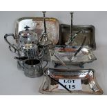 A quantity of plated items to include 2 swing handled baskets, teapots,
