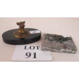 An old dog head desk weight on black marble base and an old lizard desk weight on marble base est: