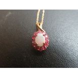 A 9ct gold ruby and opal pendant on a fine 9ct gold chain est: £30-£50