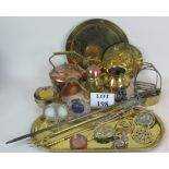 A collection of copper, brassware and other metalware, including a Persian plaque,