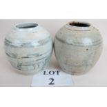 A pair of Chinese export glazed ceramic jars, underglaze painted decoration,