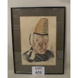 A framed and glazed mixed media sketch of 'Breton Woman' inscribed 'Basse-Bretagne 58' and signed