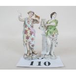 Two early 20th century Dresden figurines depicture woman playing lyre and woman with book,