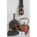 A Victorian copper kettle, Victorian warming pan,
