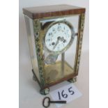A fine French champleve enamel four glass mantel clock, with key and pendulum,