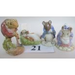 Four Royal Albert Beatrix Potter figures, 'Mr Jeremy Fisher Digging', 'Benjamin Wakes Up',