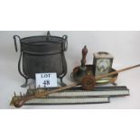 An Arts & Crafts jardiniere, early 20th century wooden fishing reel, vintage hand bell,