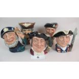 Five Royal Doulton character jugs, Old Salt D6551, Mine Host D6468, Dick Turpin, Monty D6202,