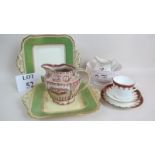 An early 19th century Sunderland-lustre jug, another 19th century pink lustre jug and bowl,