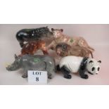 Six Melba Ware china animals, lions, rhino, hippo,