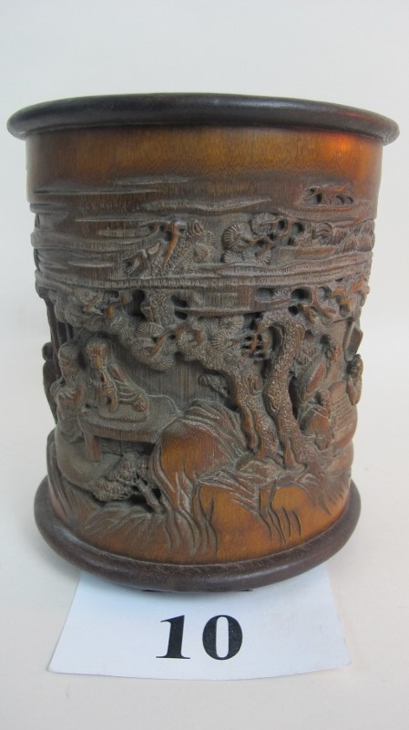 An antique Chinese carved bamboo brush p