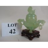 A Chinese jade censer and cover, on wooden stand, modern,