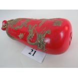 A modern Chinese red and gilt decorated ceramic hot water container, pierced end, relief decoration,