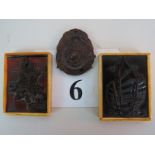 Two Chinese relief decorated faux-tortoiseshell plaques inset bone frames,