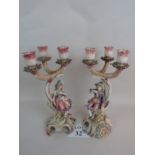 A pair of late 19th century continental ceramic candelabra, hand-painted in coloured enamels,