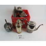 A box of assorted silver plated items to include teapots, cocktail shaker,