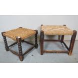 Two small 19th century country oak framed rush seated stools, 12" x 13.5" and 12.5" x 14.