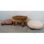 Three small decorative 20th century upholstered foot stools, one with turned mahogany feet,