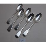 A set of five silver dessert spoons, Lon