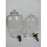 Two 19th century glass spirit barrels, one etched 'Gin', each with metal tap, and glass stopper,