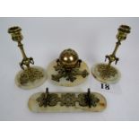 A decorative Victorian gilt-metal and onyx four piece desk set, comprising an inkwell, pen tray,