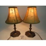 A pair of good looking period-style brass table lamps, with shades, 20th century,