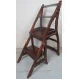 A set of mahogany metamorphic library steps converting to a chair and with brass fittings,