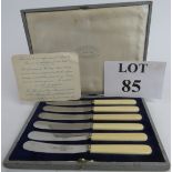 A cased set of six early 20th century Robert Mosley Ltd of Sheffield tea knives with ivory handles