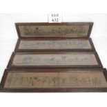 A set of four 19th century coaching prints, with text, inset matching oak frames,