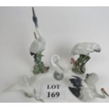 Five Lladro models of storks/cranes, and geese,