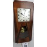 A 1930's Art Deco chiming wall clock, cross-banded multi-wood case, with key and pendulum,