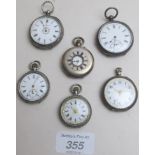 A collection of 5 engraved pocket watches and one with enamel,